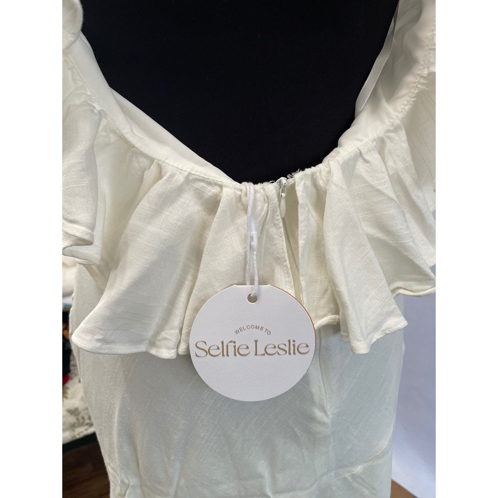 Selfie Leslie Midi Dress Womens Medium White Ruffle Open Back Side Slit V-Neck - Picture 6 of 11